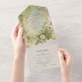 Nouveau Daisies Ivoor Green Wedding All In One Uitnodiging (Afscheurbaar)
