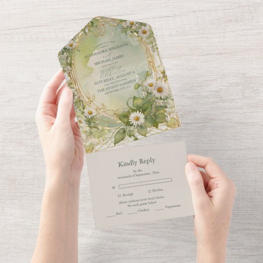 Nouveau Daisies Ivoor Green Wedding All In One Uitnodiging (Afscheurbaar)