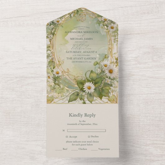 Nouveau Daisies Ivoor Green Wedding All In One Uitnodiging (Binnen)