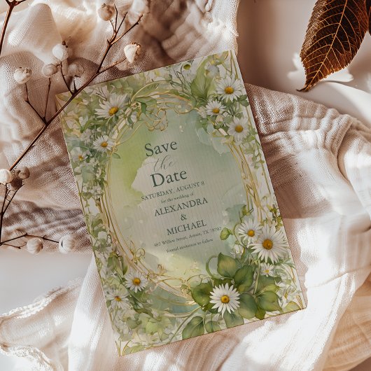 Nouveau Daisies Ivoor Green Wedding Save The Date
