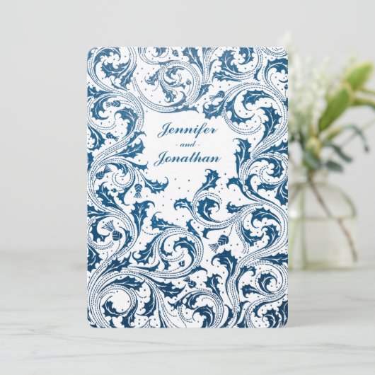 Nouveau Dream bruiloft uitnodigingen - Blauw & Wit (Staand voorkant)