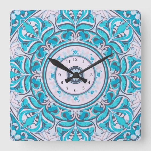 Nouveau Floral Mandala Wall Clock Vierkante Klok (Voorkant)