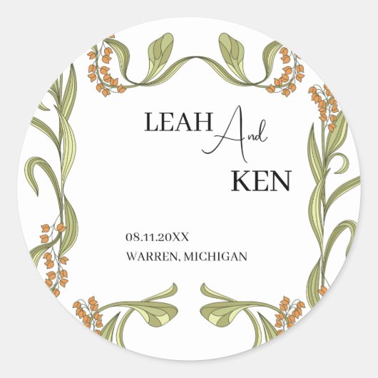 Nouveau Flower Wedding Ronde Sticker (Voorkant)