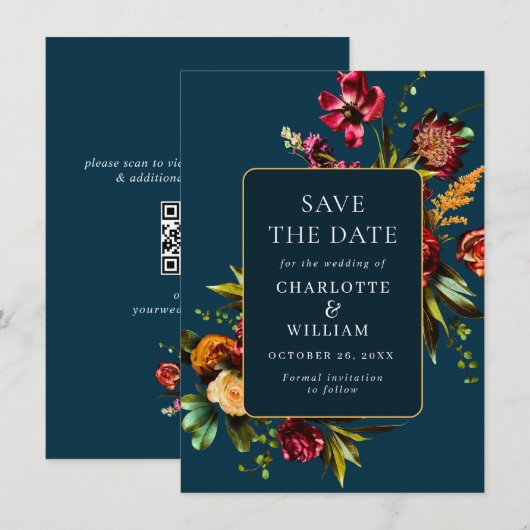 Nouveau Garden Flowers Wedding QR Code Save The Date (Voorkant / Achterkant)
