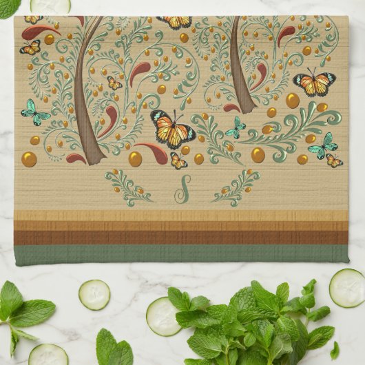 Nouveau vlinders en Oranje bomen Theedoek (Gevouwen)