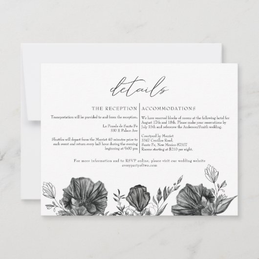 NOVA Elegant Gothic Black Floral Wedding Details Kaart (Voorkant)