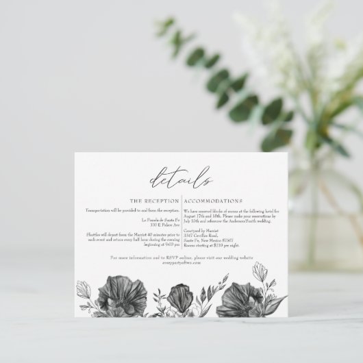 NOVA Elegant Gothic Black Floral Wedding Details Kaart (Staand voorkant)