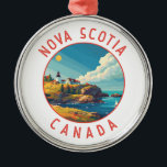 Nova Scotia Canada Retro Noodcirkel Metalen Ornament<br><div class="desc">Nova Scotia retro vector reisontwerp. Nova Scotia is bijna volledig omgeven door water en is de thuisbasis van meer dan 13.000 km kustlijn,  duizenden meren,  weelderige valleien,  vier UNESCO Werelderfgoedlocaties,  's werelds hoogste getijden en walvissen!</div>