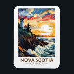 Nova Scotia Canada Vuurtoren Reizen Kunst Vintage Magneet<br><div class="desc">Nova Scotia retro vector reisontwerp. Nova Scotia is bijna volledig omgeven door water en is de thuisbasis van meer dan 13.000 km kustlijn,  duizenden meren,  weelderige valleien,  vier UNESCO Werelderfgoedlocaties,  's werelds hoogste getijden en walvissen!</div>