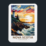 Nova Scotia Canada Vuurtoren Reizen Kunst Vintage Magneet<br><div class="desc">Nova Scotia retro vector reisontwerp. Nova Scotia is bijna volledig omgeven door water en is de thuisbasis van meer dan 13.000 km kustlijn,  duizenden meren,  weelderige valleien,  vier UNESCO Werelderfgoedlocaties,  's werelds hoogste getijden en walvissen!</div>