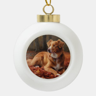 Nova Scotia Duck Terrier In Herfstbladeren Val Keramische Bal Ornament