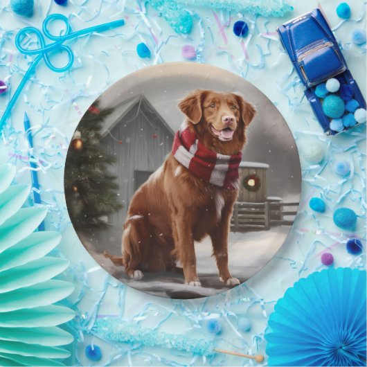 Nova Scotia Eend Toller Hond in Sneeuw Kerstmis Papieren Bordje (Feest)