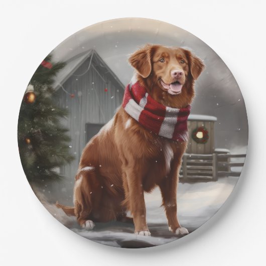Nova Scotia Eend Toller Hond in Sneeuw Kerstmis Papieren Bordje (Voorkant)