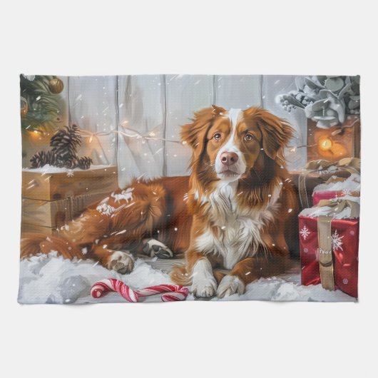 Nova Scotia Eend Toller Hond Kerstfeest Theedoek (Horizontaal)