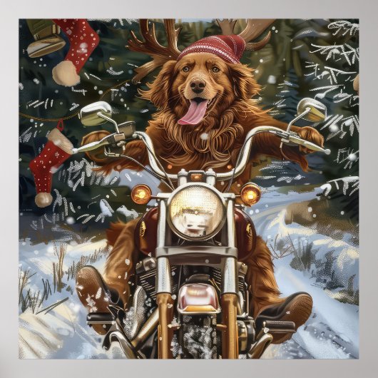 Nova Scotia Hond op Motorfiets Kerstmis Poster (Voorkant)