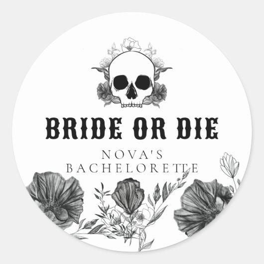 NOVA Skull Bride or Die Til Death Bachelorette Ronde Sticker (Voorkant)