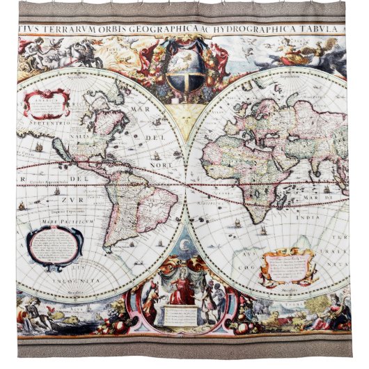 Nova Totius Terrarum Orbis van Henricus Hondius II Douchegordijn (Voorkant)