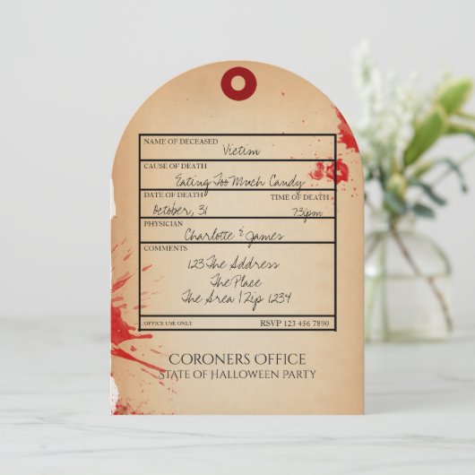 Novelty Halloween Party Toe Label Coroners Kantoor Kaart (Staand voorkant)