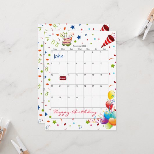 November 2022 Kalender Gelukkige Verjaardag Uitnod Kaart (Voorkant / Achterkant in situ)