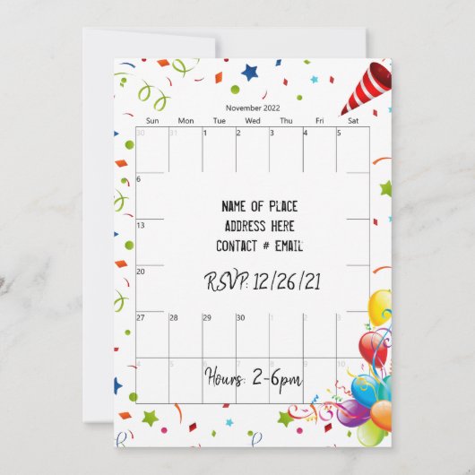 November 2022 Kalender Gelukkige Verjaardag Uitnod Kaart (Achterkant)