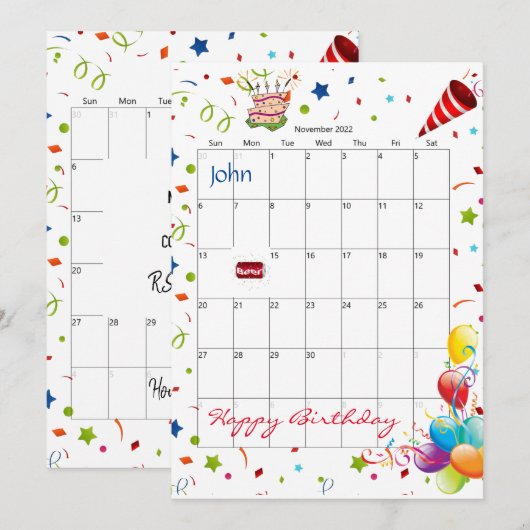 November 2022 Kalender Gelukkige Verjaardag Uitnod Kaart (Voorkant / Achterkant)