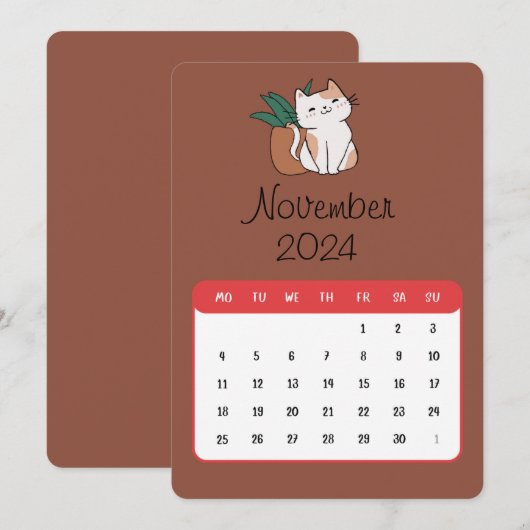 November 2024 Stand Alone Kat en Plant Kalender Menu (Voorkant / Achterkant)