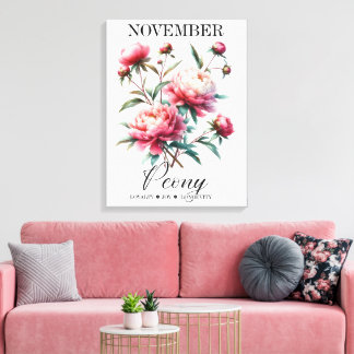 November Birth Flower Peony Premium Wrapped Canvas Afdruk