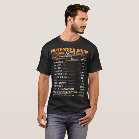 November Born Facts Servings per containershirt T-shirt (Voorkant volledig)