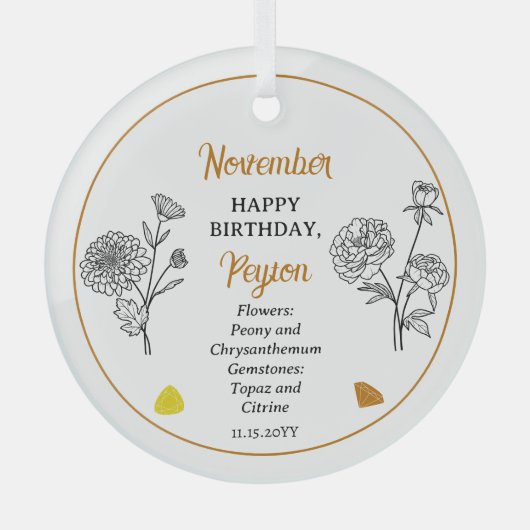 November Chrysanthemum Peony Verjaardag Keepsake Glas Ornament (Voorkant)