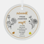 November Chrysanthemum Peony Verjaardag Keepsake Glas Ornament (Achterkant)