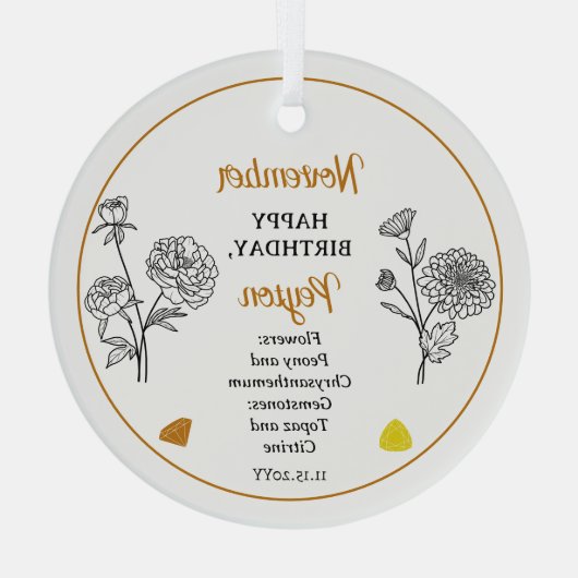 November Chrysanthemum Peony Verjaardag Keepsake Glas Ornament (Achterkant)