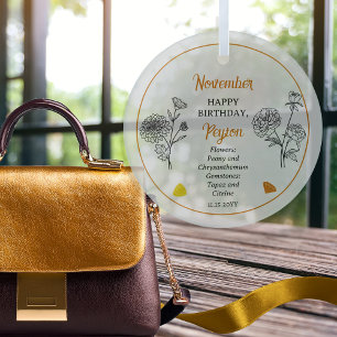 November Chrysanthemum Peony Verjaardag Keepsake Glas Ornament