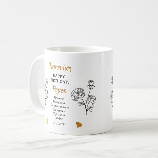 November Chrysanthemum Peony Verjaardag Keepsake Koffiemok (Voorkant links)