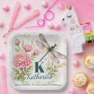 November Geboortebloem Chrysanthemum & Libel Papieren Bordje