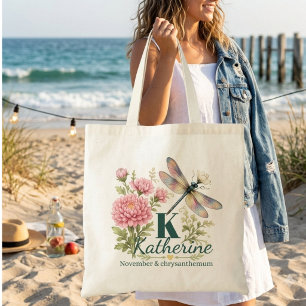 November Geboortebloem Chrysanthemum & Libel Tote Bag