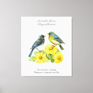 November Geboortemaand Bloem Chrysant Vogels Canvas Afdruk