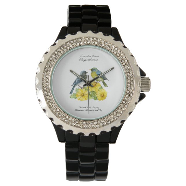 November Geboortemaand Bloem Chrysant Vogels Horloge (Voorkant)