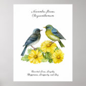 November Geboortemaand Bloem Chrysant Vogels Poster (Voorkant)