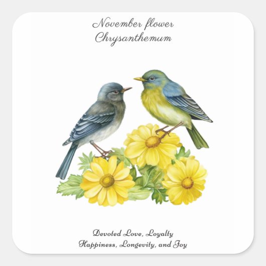 November Geboortemaand Bloem Chrysant Vogels Vierkante Sticker (Voorkant)