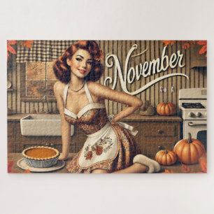 November Retro Pin-Up Meisje Pompoen Legpuzzel
