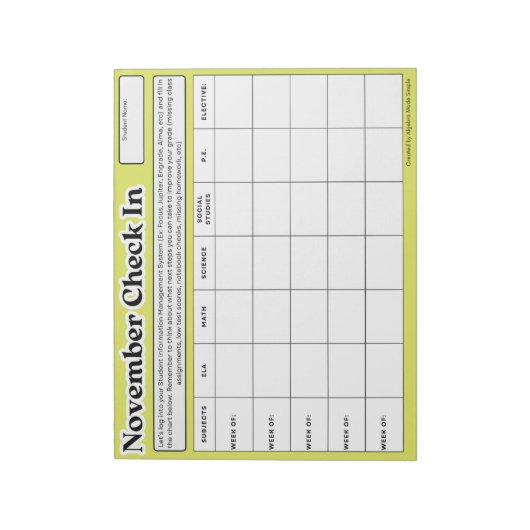 November Student Check in de wekelijkse Grade Prog Notitieblok (Linkerzijde)