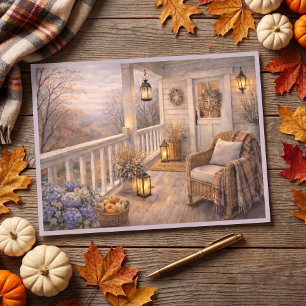 November Veranda Scene Bloemige Watercolor Kunst Briefkaart