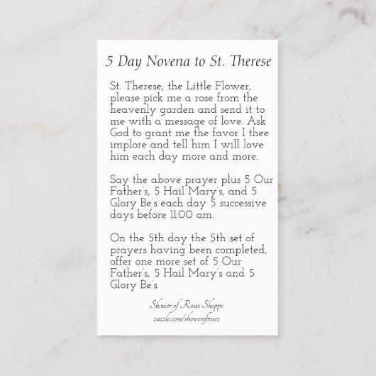Novena Heilige Kaart van St. Therese de Kleine Blo Visitekaartje (Achterkant)