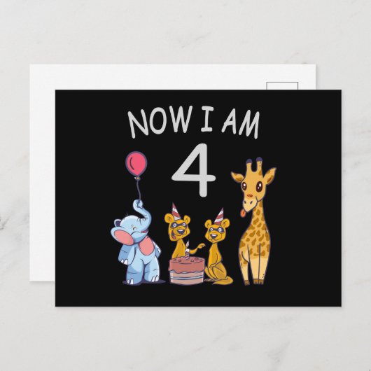 Now I am 4 year old 4th Birthday at the Zoo Briefkaart (Voorkant / Achterkant)