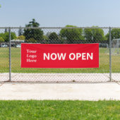 NOW OPEN Bright Red White Business with Logo Spandoek (Insitu)