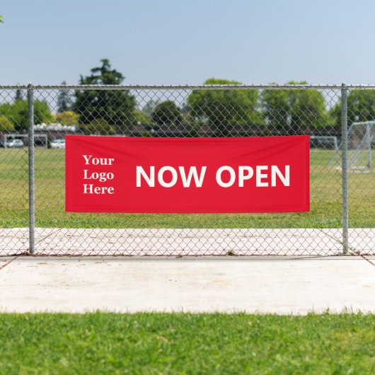 NOW OPEN Bright Red White Business with Logo Spandoek (Insitu)