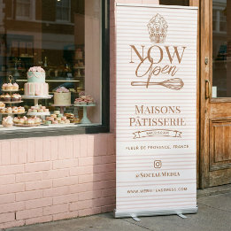 Now Open Pink Stripe Cupcake Whisk Bakery Business Roll-up Banner