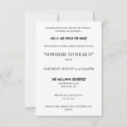 "Nowhere To Wear It" Party Kaart (Achterkant)