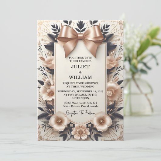 Nu Banners Bogen Satijn Chic Lint Snijden Bruiloft Kaart (Staand voorkant)