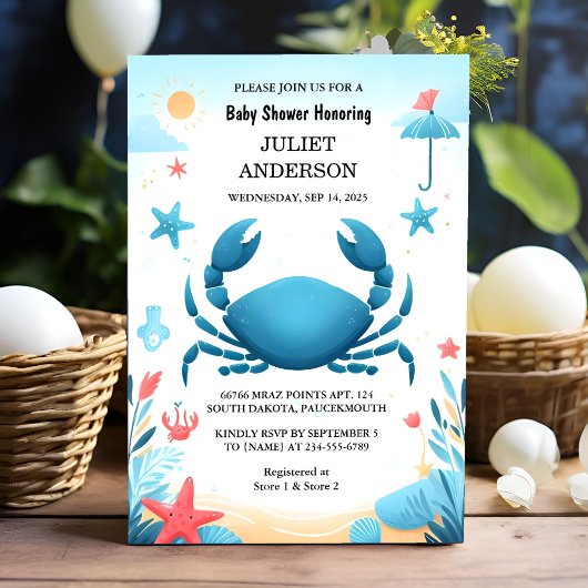 Nu Beach Ocean Catch Navy Blue Crab Baby shower Kaart